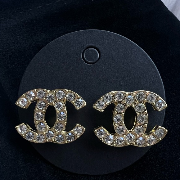 NEW Gold bling crystal Chanel designer logo stud C initial earrings - Picture 2 of 6